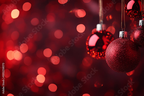 Sparkling red Christmas ornaments hang against blurred red background, creating festive and joyful atmosphere perfect for holiday celebrations