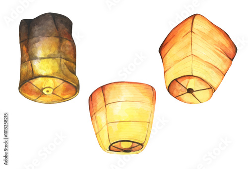 Set of Paper lantern, Floating lanterns in the sky. Making a Wish. Watercolor illustration.