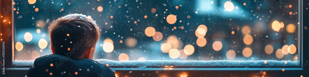 Obraz premium A child gazes out snowy window, captivated by falling snowflakes and twinkling lights. serene atmosphere evokes sense of wonder and warmth during winter