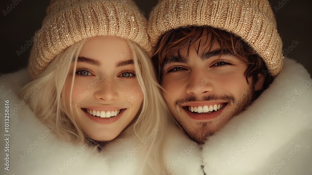A close-up portrait of a couple smiling warmly, wearing knitted beanies and fluffy winter coats, enjoying the snow together. A close-up portrait of a couple smiling warmly, wearing knitted beanies and fluffy winter coats, enjoying the snow together.
