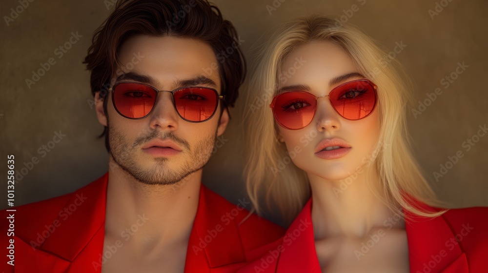 A stylish couple wearing matching red sunglasses and jackets, staring confidently at the camera with soft natural light on their faces. A stylish couple wearing matching red sunglasses and jackets, staring confidently at the camera with soft natural light on their faces.