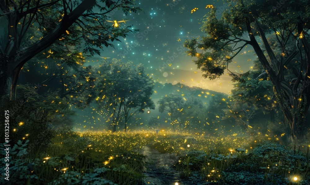 Idyllic clearing under a starlit firefly canopy, 4K hyperrealistic photo