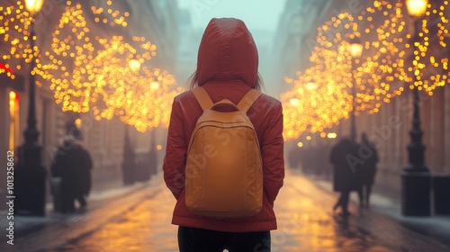 A woman in a red jacket and yellow backpack walking down a city street, illuminated by festive holiday lights in the misty evening.
