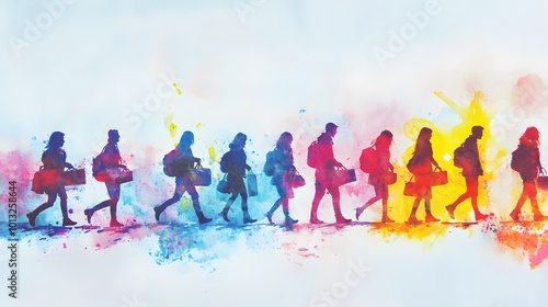 Colorful silhouettes of people walking in the city