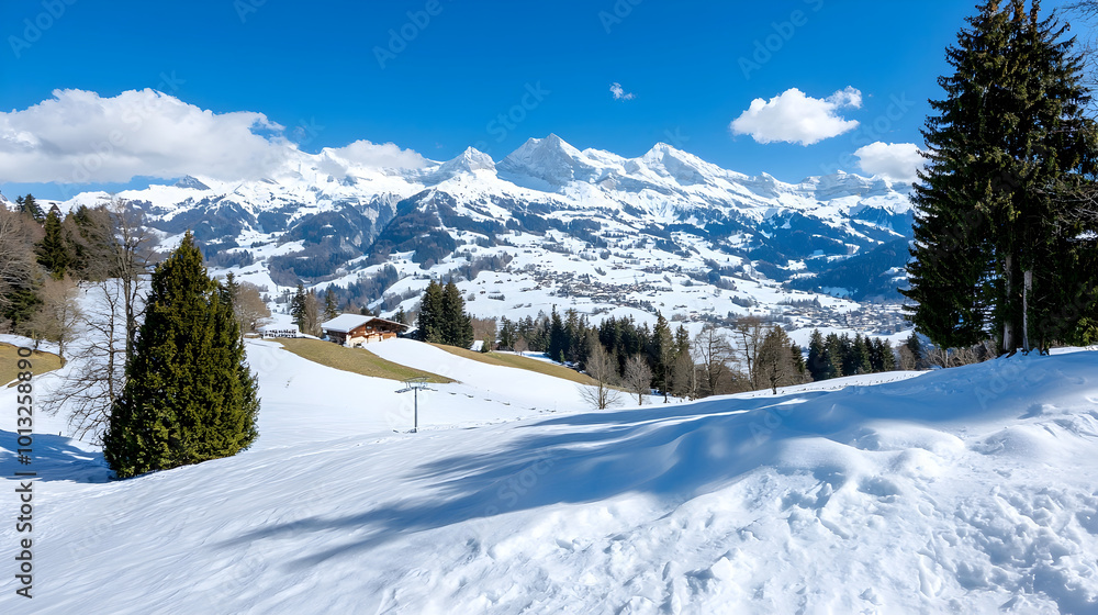Fototapeta premium stunning winter landscape featuring snow covered mountains and clear blue sky. serene scene captures beauty of nature, with lush green trees contrasting against white snow
