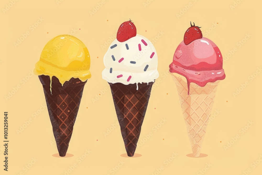 Three ice cream cones with yellow, white, and pink scoops topped with fruit and sprinkles on a light yellow background. Cartoon illustration style. Generative AI Three ice cream cones with yellow, white, and pink scoops topped with fruit and sprinkles on a light yellow background. Cartoon illustration style. Generative AI