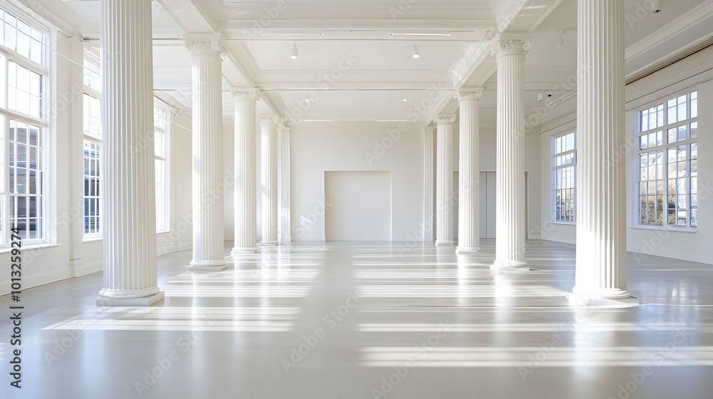 Naklejka premium spacious and bright interior featuring tall white columns and large windows, creating serene and open atmosphere. natural light enhances minimalist design, perfect for various events
