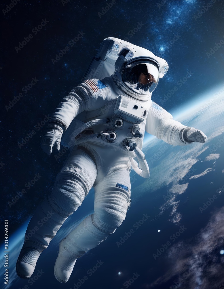 Fototapeta premium Astronaut Floating in Space with Earth in the Background and a Field of Stars