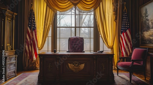 ornate oval office interior with american flags and curtains