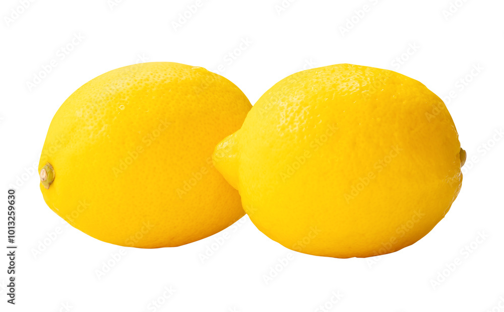 Side view of two fresh ripe yellow lemon fruits in stack isolated with clipping path in png file format Side view of two fresh ripe yellow lemon fruits in stack isolated with clipping path in png file format