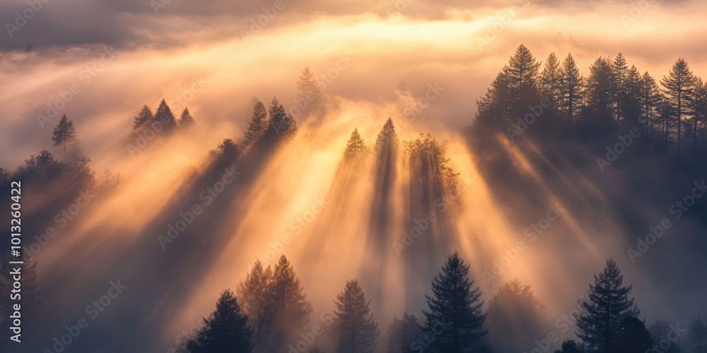 Fototapeta premium Sunlight filters through forest canopy