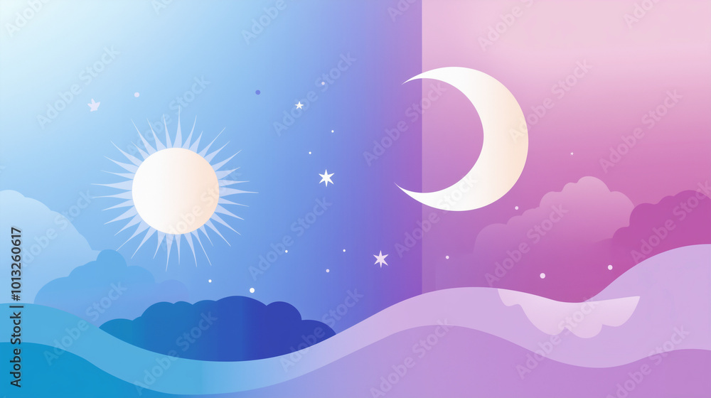 Gradient sky with sun and moon symbolizing balance for spiritual concepts Gradient sky with sun and moon symbolizing balance for spiritual concepts