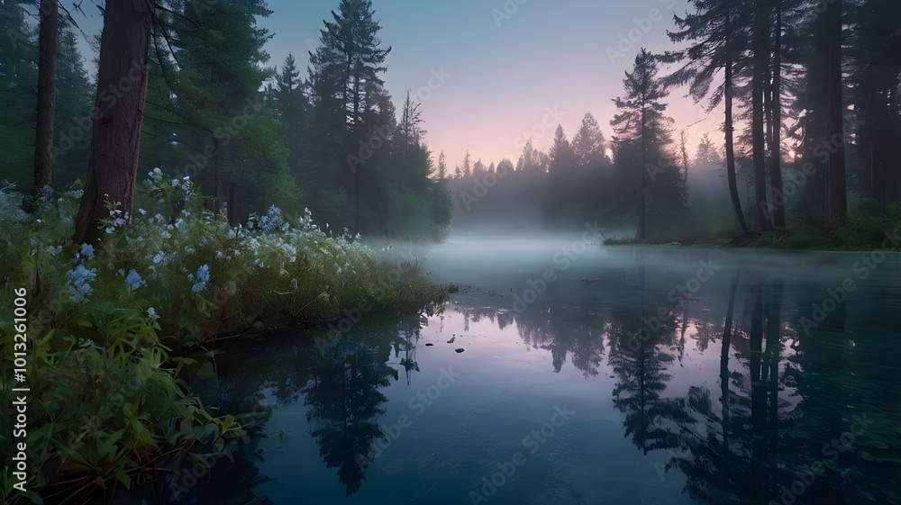 Misty morning in a mystical forest near a peaceful lake, featuring dense fog that blankets the woods and enriches the serene, nature-inspired atmosphere Misty morning in a mystical forest near a peaceful lake, featuring dense fog that blankets the woods and enriches the serene, nature-inspired atmosphere