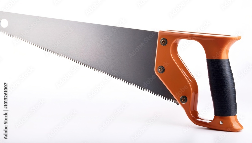 hand or panel saw, used to cut pieces of wood into different shapes with a series of sharp points with two main types of saw teeth: the cross cut saw teeth and the rip saw teeth Isolated on white hand or panel saw, used to cut pieces of wood into different shapes with a series of sharp points with two main types of saw teeth: the cross cut saw teeth and the rip saw teeth Isolated on white