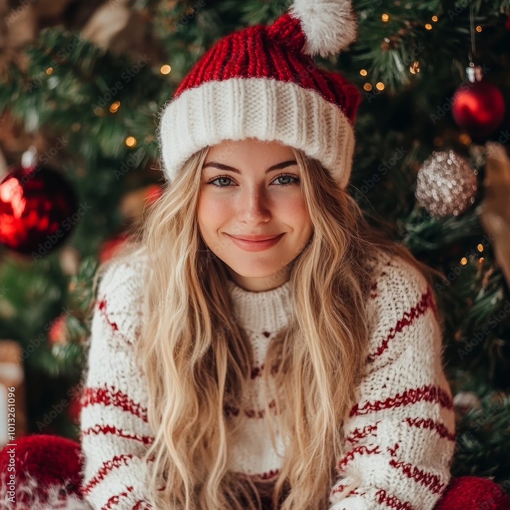 Woman in a cozy striped sweater and Santa hat, smiling while sitting near a Christmas tree with red and silver ornaments. Woman in a cozy striped sweater and Santa hat, smiling while sitting near a Christmas tree with red and silver ornaments.