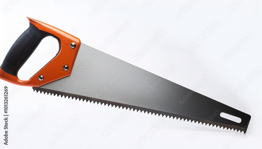 hand or panel saw, used to cut pieces of wood into different shapes with a series of sharp points with two main types of saw teeth: the cross cut saw teeth and the rip saw teeth Isolated on white hand or panel saw, used to cut pieces of wood into different shapes with a series of sharp points with two main types of saw teeth: the cross cut saw teeth and the rip saw teeth Isolated on white