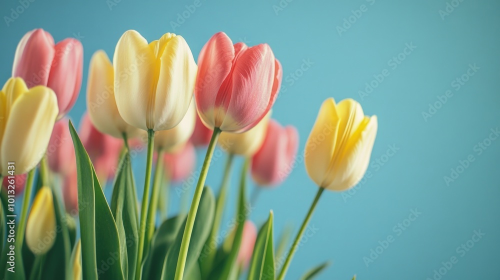 Yellow and pink tulips on blue background Yellow and pink tulips on blue background