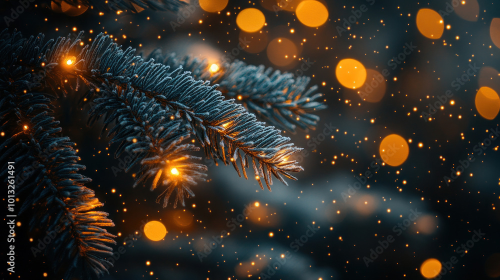 Close-up of Christmas tree branches with frost, twinkling lights, and delicate snowflakes on pine needles Close-up of Christmas tree branches with frost, twinkling lights, and delicate snowflakes on pine needles