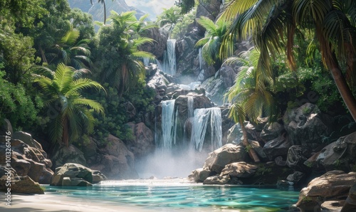 Hidden island retreat with cascading waterfalls, 4K hyperrealistic photo