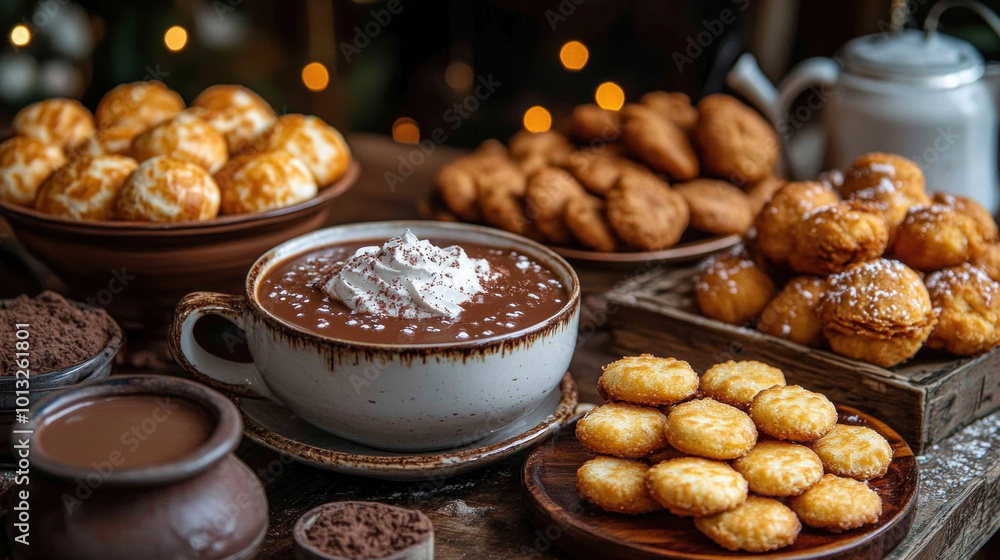 Colombian Natilla : Colombian holiday treats of natilla and hot chocolate, arranged on a festive table with family enjoying Colombian Natilla : Colombian holiday treats of natilla and hot chocolate, arranged on a festive table with family enjoying