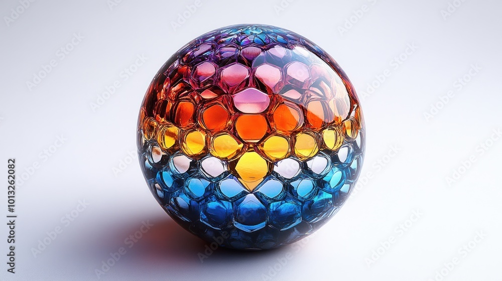 A colorful, textured sphere showcasing vibrant hexagonal patterns. A colorful, textured sphere showcasing vibrant hexagonal patterns.