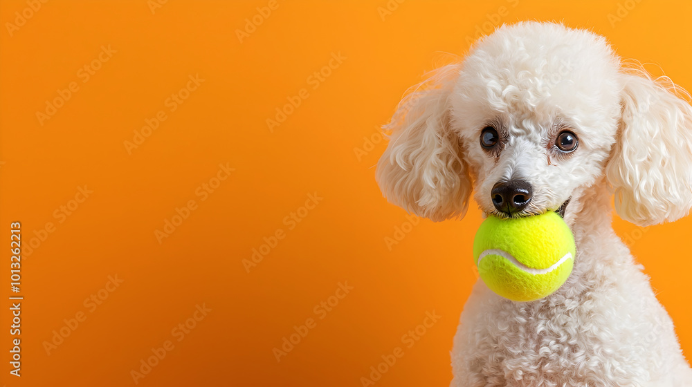 Fluffy white dog holding bright yellow tennis ball against orange background, exuding playfulness and joy. This adorable pet is ready for fun game of fetch! Fluffy white dog holding bright yellow tennis ball against orange background, exuding playfulness and joy. This adorable pet is ready for fun game of fetch!