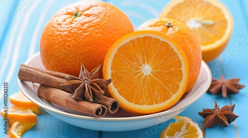 A bowl of oranges with cinnamon sticks 
