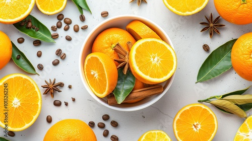 A bowl of oranges with cinnamon sticks and star anise