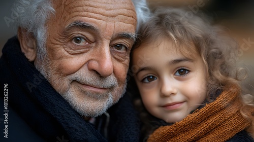 Elderly man and young girl from different cultures sharing a moment in a park, emphasizing inclusivity and generational connection