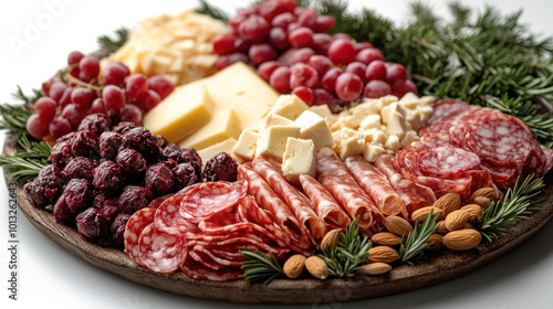 Delicious platter of charcuterie with cheeses, meats, nuts, and holiday-themed garnishes photo