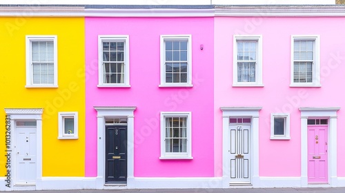 Notting Hill Charm, Vibrant row of colorful houses in London's Notting Hill, showcasing unique architecture and lively street scenes, a blend of culture and creativity.