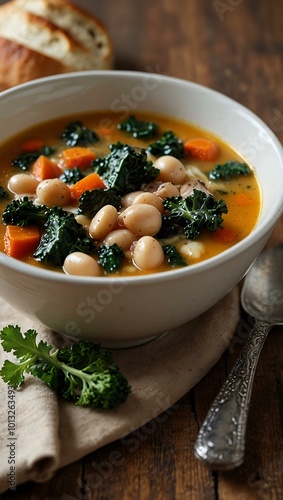 Tuscan bean soup with kale, white beans, and chunks of crusty bread. photo