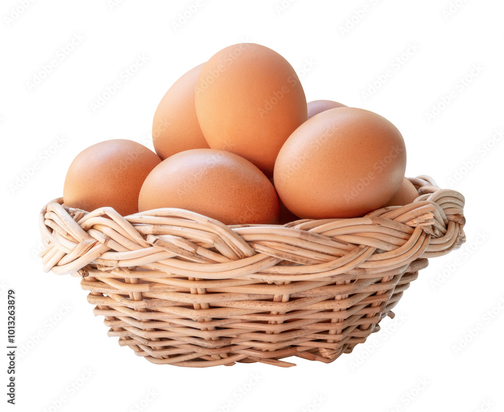 Group of fresh brown chicken eggs in stack in wicker basket isolated with clipping path in png file format Group of fresh brown chicken eggs in stack in wicker basket isolated with clipping path in png file format