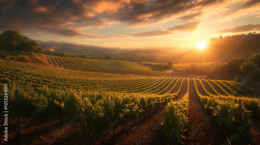 Fototapeta premium Scenic sunset over rolling vineyards
