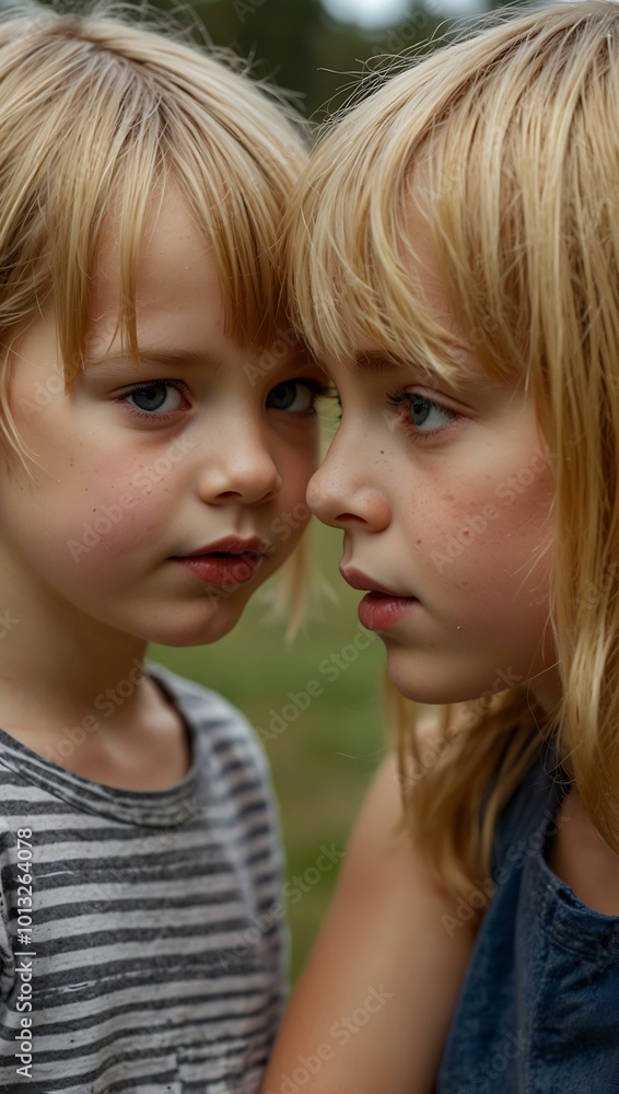 Two children, one with blonde hair, facing each other. Two children, one with blonde hair, facing each other.