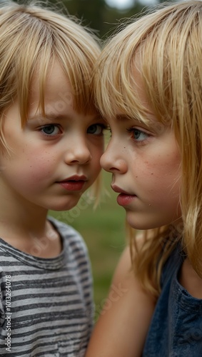 Two children, one with blonde hair, facing each other.