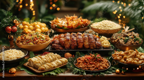 Filipino Noche Buena: Filipino holiday feast with lechon, pancit, and bibingka, all served on a family table with festive decorations and joyful gathering