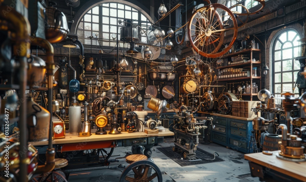 Steam-powered workshop of inventions and curiosities, 4K hyperrealistic photo Steam-powered workshop of inventions and curiosities, 4K hyperrealistic photo