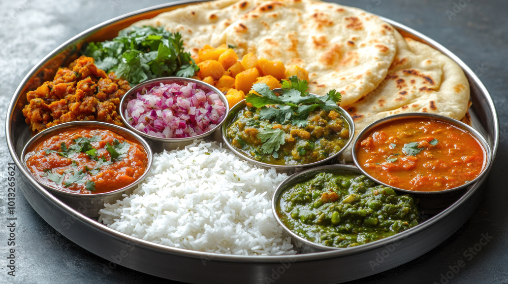 Indian Winter Thali: A colorful Indian thali plate with curries, dal, naan, rice, and sweets, served in a traditional stainless steel setting for a holiday gathering Indian Winter Thali: A colorful Indian thali plate with curries, dal, naan, rice, and sweets, served in a traditional stainless steel setting for a holiday gathering