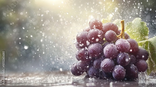 Refreshing grapes glistening with water, emphasizing their succulent texture, evoking a vibrant vineyard atmosphere, perfect for healthy indulgence