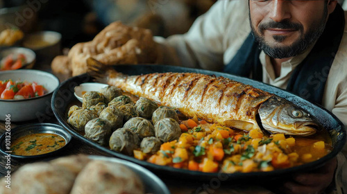 Iraqi Winter Meal: Iraqi masgouf fish, dolma, and samoon bread, served in a family gathering with traditional decor photo