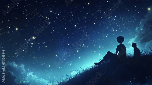 Starry night scene with boy cat stitting on a hill