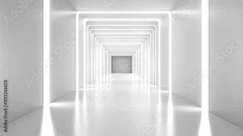 White background 3D room light abstract space technology tunnel stage floor. Empty white future 3D neon background studio futuristic corridor render modern interior silver road black wall 