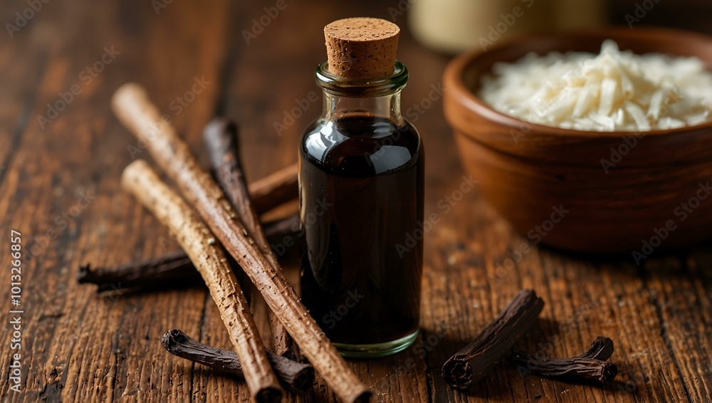 Vanilla extract bottle with vanilla pods on a wooden surface. Vanilla extract bottle with vanilla pods on a wooden surface.