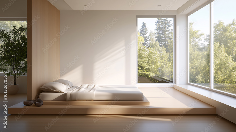 Sleek minimalist bedroom design with large windows, neutral tones, and a simple platform bed. Focus on the spacious feel created by the natural light Sleek minimalist bedroom design with large windows, neutral tones, and a simple platform bed. Focus on the spacious feel created by the natural light