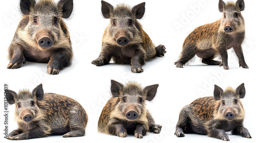 Wild boar collection, sitting, portrait and standing, animal bundle isolated on a white background