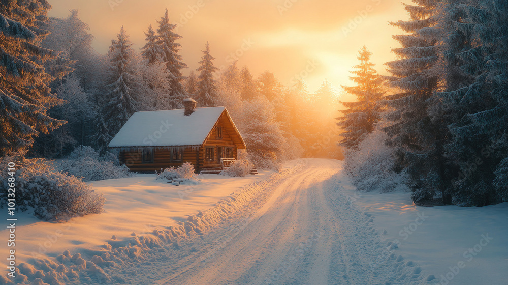 Obraz premium Scenic snow-covered road leading to a cozy cabin in a pine forest, surrounded by tall, frosty trees