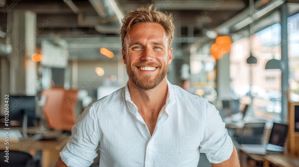 Obraz premium Cheerful professional in a modern business environment, exuding confidence and approachability, surrounded by a sleek, open office layout and bright, inviting atmosphere
