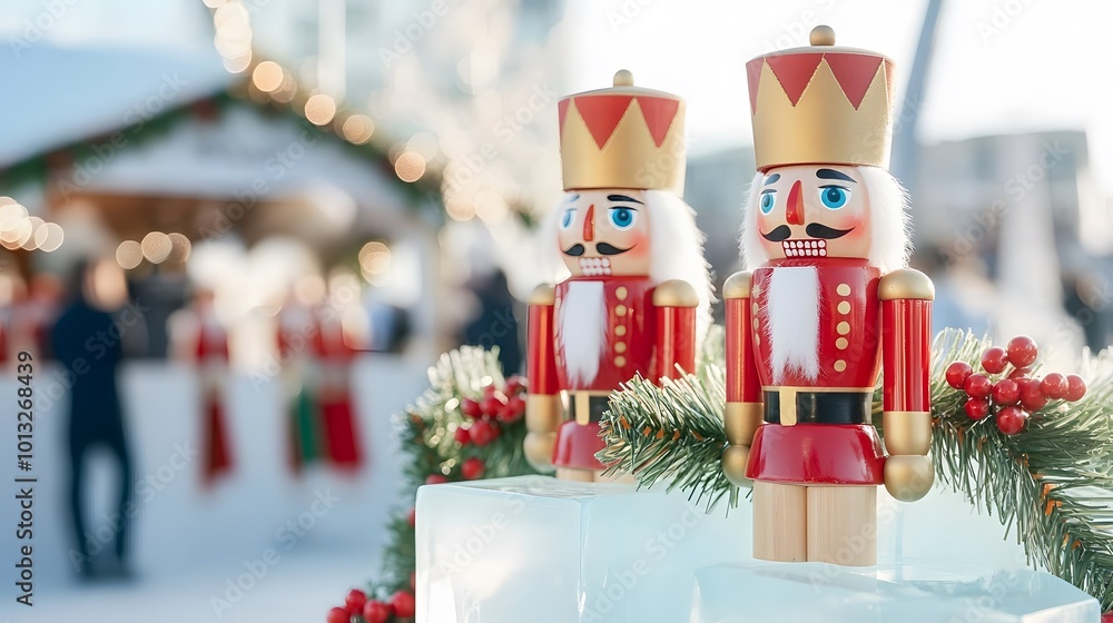 Memories ornaments nostalgia concept. Two festive nutcracker figurines stand amidst holiday decorations, showcasing a cheerful Christmas atmosphere.