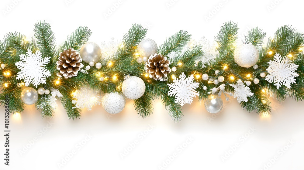 Obraz premium A festive arrangement featuring evergreen branches, pine cones, white snowflakes, and ornaments, enhanced with twinkling lights.